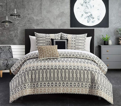 Chic Home Gabriella 5 Piece Cotton Comforter Set Farmhouse Theme Geometric Striped Pattern Design Bedding, Queen, Beige