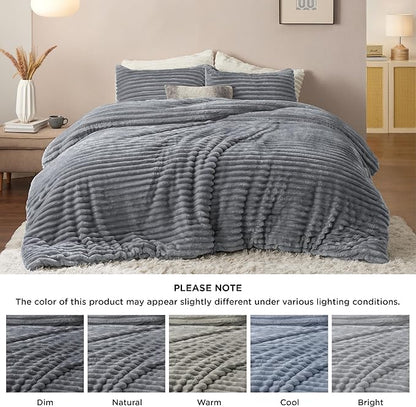Bedsure King Size Comforter Set - GentleSoft™ 3 Pieces Fluffy Double-Side Fleece Comforter Set, Cozy Striped Room Decor Aesthetic, Luxury Grey King Bedding with 2 Pillowcases, 104x90 Inches