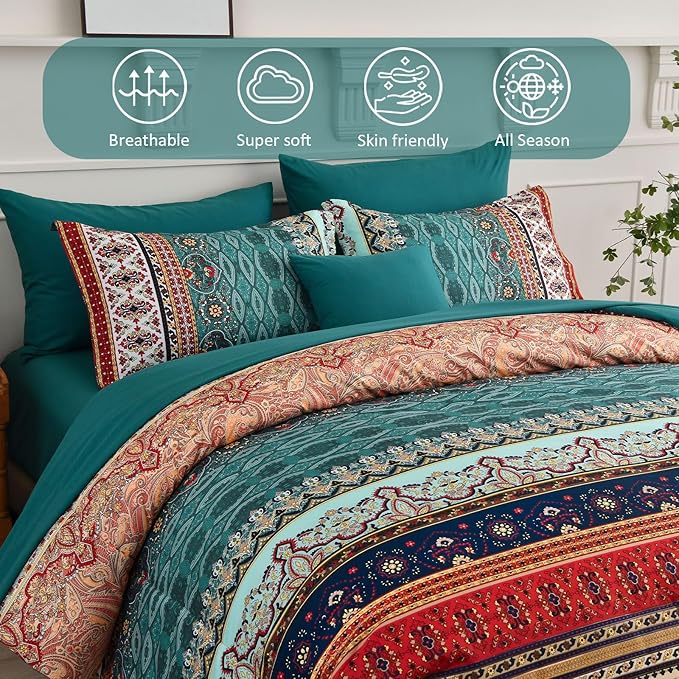 Cottolester Boho King Size Comforter Set 8 Pieces,Green and Brown Bohemian Striped Bed in a Bag,Floral Soft Microfiber Bedding Comforter Set