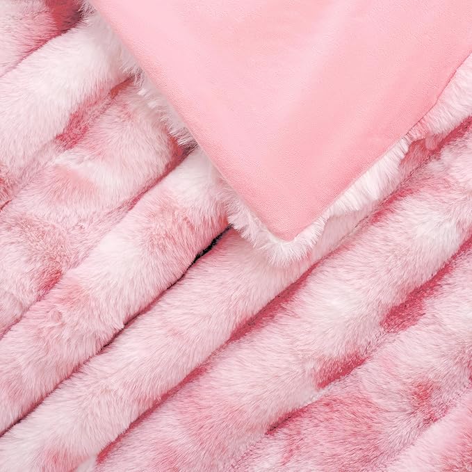 Touchat Luxury Faux Rabbit Fur Twin Blanket for Couch, Super Heavy Warm Cozy Throw for Sofa Bedroom Living Room, Ultra Soft Fluffy Reversible Plush Blankets for Home Decor Gifts, Tie-dye Pink