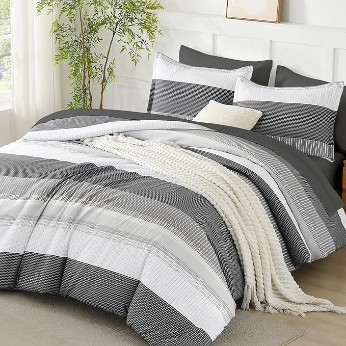 Andency Full Size Comforter Set Dark Grey - 7 Pieces Grey Striped Lightweight Bed in a Bag, Soft Microfiber Reversible Bedding Set with Comforter, Fitted & Flat Sheet, Pillowcases & Shams