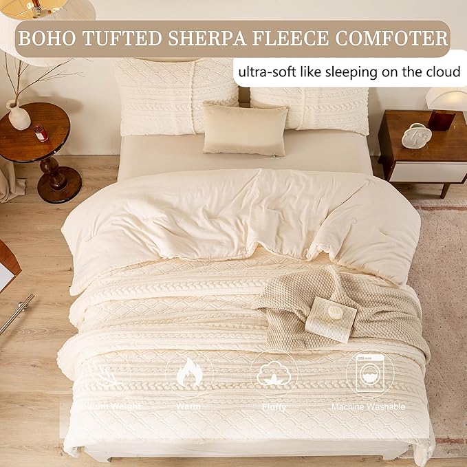 Warm Plush 3D Jacquard Boho Sherpa Fleece Twin Comforter Set for Children Kid - Cream, Twin/Twin XL Reversible Soft Bedding Comforter Set Fluffy Surface for Cozy Autumn Winter Night Christmas