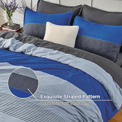 Andency Comforter Set Blue Grey Oversized Queen(98"x98")- 7 Pieces Striped Lightweight Bed in a Bag, Soft Reversible Bedding Set with Comforter, Fitted & Flat Sheet, Pillowcases & Shams