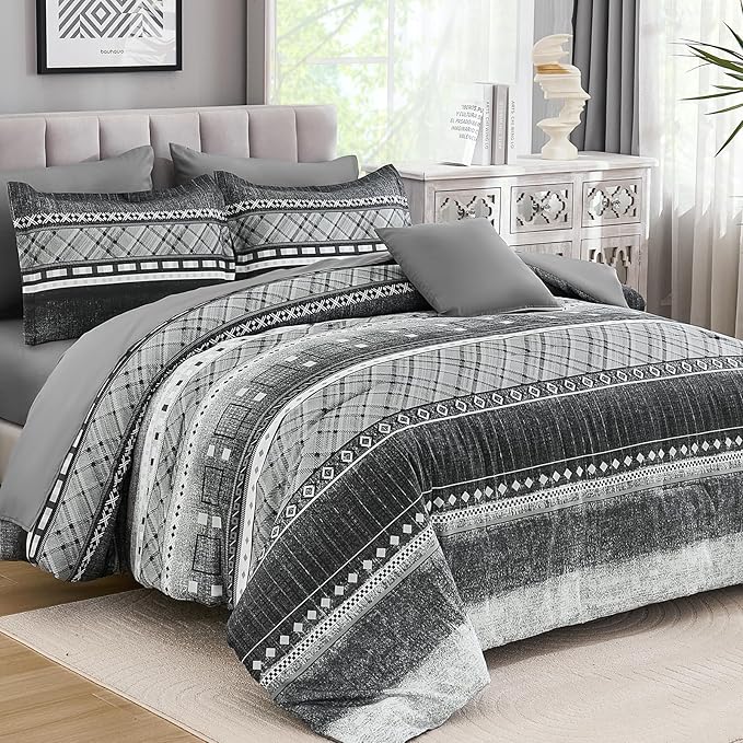 WONGS BEDDING 8 Piece Queen Size Comforter Set, Black Grey Striped Bed in a Bag Comforter and Sheet Set, Boho Lightweight Microfiber Bedding Set for All Season (90"×90")