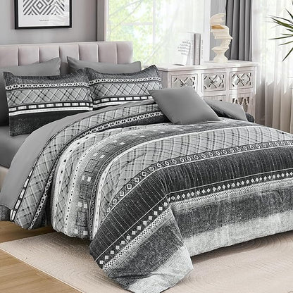 WONGS BEDDING 8 Piece King Size Comforter Set, Black Grey Striped Bed in a Bag Comforter and Sheet Set, Boho Lightweight Microfiber Bedding Set for All Season (90"×104")