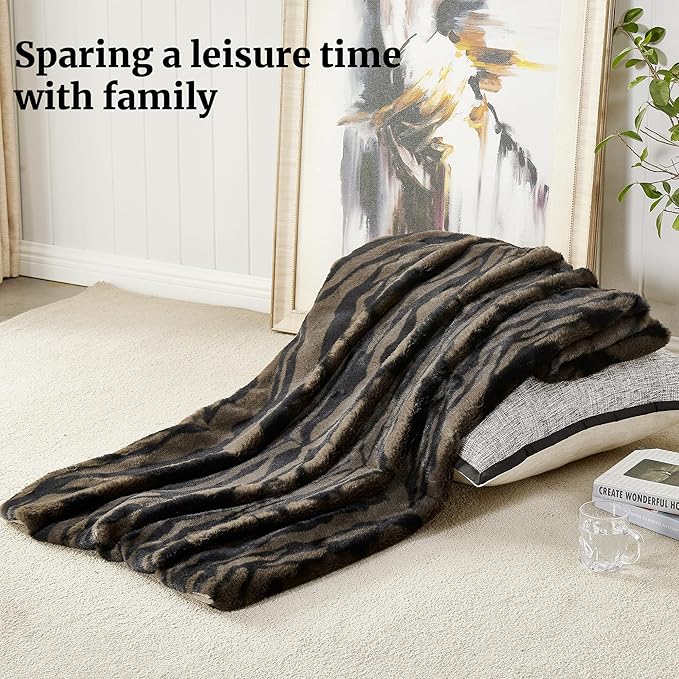 JONIYEAR Soft Fluffy Tiger Print Faux Rabbit Fur Throw Blanket 50" x 60",Luxury Decorative Cozy Shaggy Fuzzy Blankets,Reversible Cute Warm Animal Printed Blanket for Women Winter,Washable,Brown Coffee