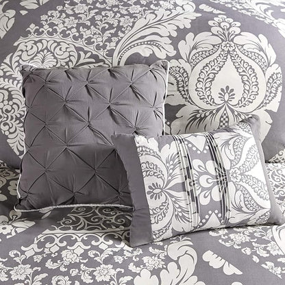 Madison Park Vienna Sateen Cotton Comforter Set, Breathable, Soft Cover, Trendy, All Season Down Alternative Cozy Bedding with Matching Shams, California King, Grey 7 Piece