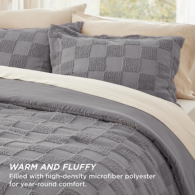 Bedsure King Size Comforter Set Grey, Boho Tufted Bed Set, Checkered Farmhouse Shabby Chic Bedding, 3 Pieces, 1 Plaid Geometric Comforter and 2 Pillow Shams