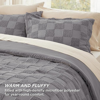 Bedsure King Size Comforter Set Grey, Boho Tufted Bed Set, Checkered Farmhouse Shabby Chic Bedding, 3 Pieces, 1 Plaid Geometric Comforter and 2 Pillow Shams