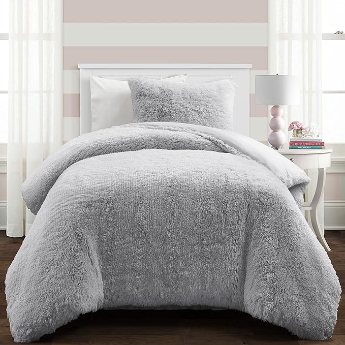 Lush Decor Emma Soft Fluffy Faux Fur Kids College Dorm Oversized Comforter Set, Twin-XL, Light Gray - Warm Plush 2 Piece Bedding Set