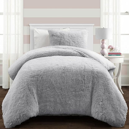 Lush Decor Emma Soft Fluffy Faux Fur Kids College Dorm Oversized Comforter Set, Twin-XL, Light Gray - Warm Plush 2 Piece Bedding Set