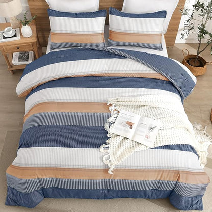 Litanika Comforter Set Full Size Blue Orange - 3 Pieces Lightweight Colorblock Stripe Fluffy Bedding Comforter Sets, All Season Bed Set
