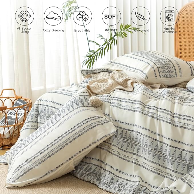 COTTEBED Western Comforter Set Queen Beige Ultra Soft Lightweight Microfiber Bohemian Chic Aztec Comforter 1 Down Comforter Set & 2 Pillowsham for All Season Use,Boho Comforter Set Queen