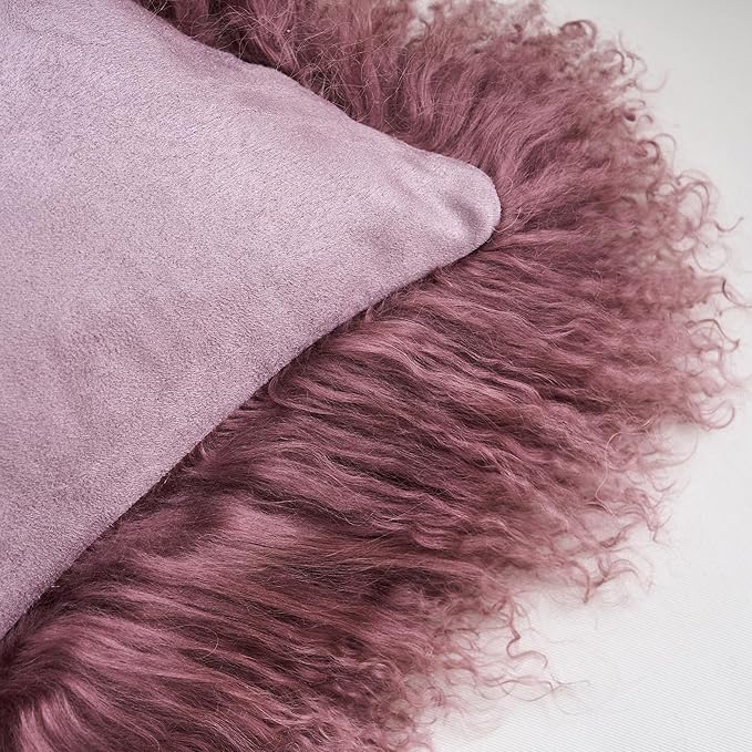 Genuine Mongolian Lamb Fur Pillow Cover – 12"x20" Rectangular Cushion Case – Soft Curly Wool Decorative Accent for Sofa, Bed, or Chair (Rose Taupe)