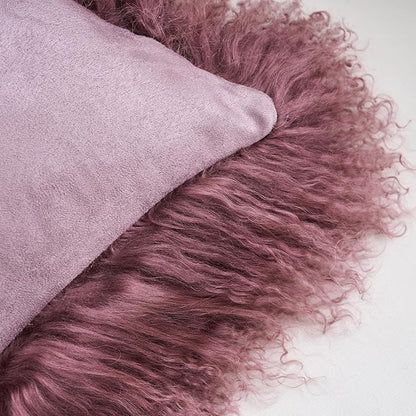Genuine Mongolian Lamb Fur Pillow Cover – 12"x20" Rectangular Cushion Case – Soft Curly Wool Decorative Accent for Sofa, Bed, or Chair (Rose Taupe)