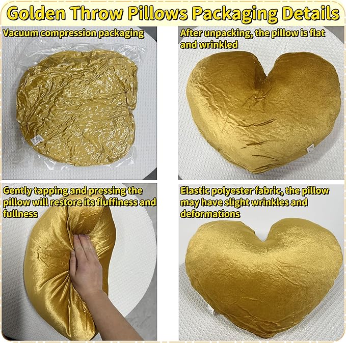 16 Inch Gold Heart Pillow Decorative Throw Pillows, Heart Shaped Soft Fluffy Cute Pillows Cushions for Valentines Wedding Couch Chair Bed Bedroom Room Home Decor Aesthetic (1, Gold, Medium-16"x13")