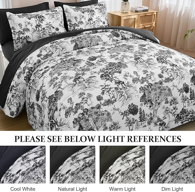 DJY Black Comforter Set King, 7 Pieces Black and White Botanical Comforters King Size Elegant Plants Print with Sheets Bed in a Bag Soft Microfiber Reversible Complete Bedding Sets for All Season