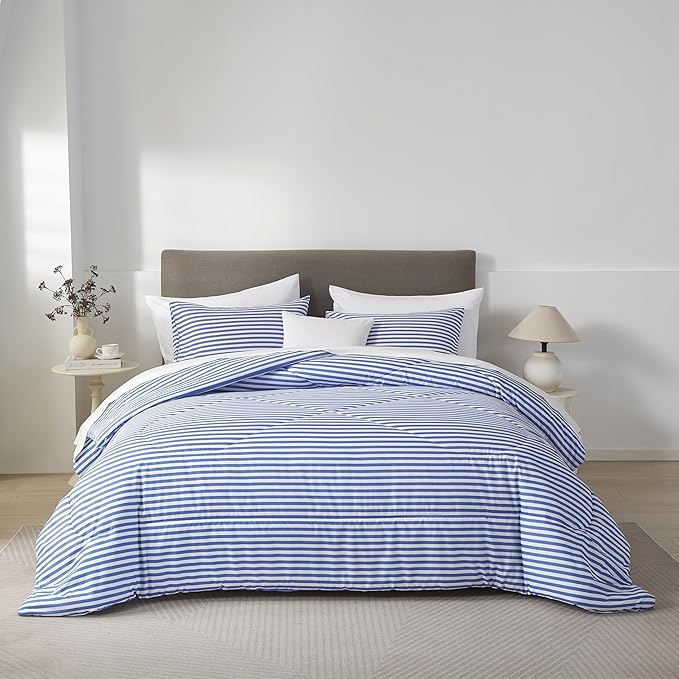 mixinni Striped Comforter Set King Size -Blue Stripes Pattern Bed Set for All Season, 3 Pieces Lightweight Bedding Comforter Sets for All Seasons (1 Soft Fluffy Comforter + 2 Pillowcases)
