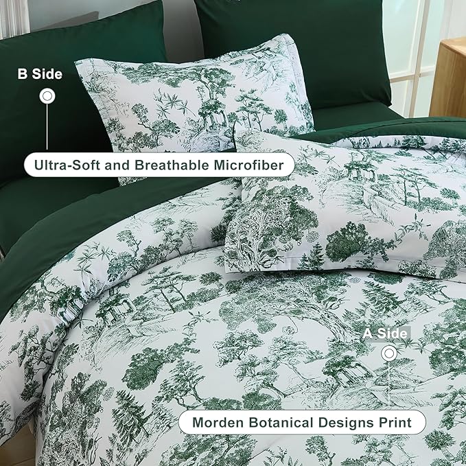 DJY Queen Size Comforter Sets, Green Botanical Comforters with Sheets 7 Pieces Bed in a Bag Queen Elegant Plants Print Soft Microfiber Reversible Complete Bedding Sets for All Season