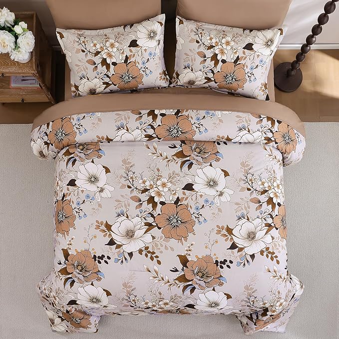 Xruibed Brown Floral Comforter Set King Size 7 Pieces Bed in a Bag Flower Comforter Set with Sheet, Pillowcases, Pillowshams, Soft Microfiber Bedding Set for All Season (King 104''x90'')