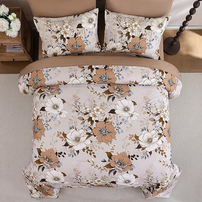 Xruibed Brown Floral Comforter Set King Size 7 Pieces Bed in a Bag Flower Comforter Set with Sheet, Pillowcases, Pillowshams, Soft Microfiber Bedding Set for All Season (King 104''x90'')
