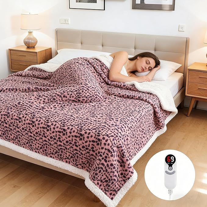 Electric Heated Blanket Full Size 72"x84", Ultra-Soft Plush with Overheat Protection, 9 Adjustable Heat Settings & 10-Hour Auto-Off Timer, Fast Heating for Winter Comfort, Pink Purple Leopard Print