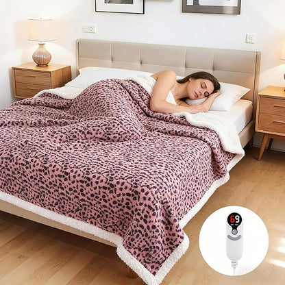 Electric Heated Blanket Full Size 72"x84", Ultra-Soft Plush with Overheat Protection, 9 Adjustable Heat Settings & 10-Hour Auto-Off Timer, Fast Heating for Winter Comfort, Pink Purple Leopard Print