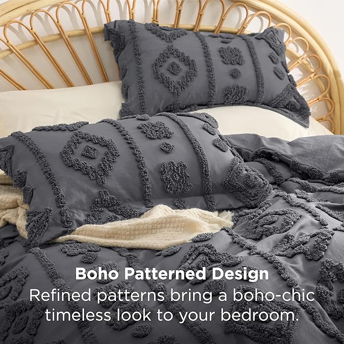Bedsure Boho Tufted Grey Comforter King Size, GentleSoft™ 3 Pieces Boho Farmhouse Decor Bedding, Exquisite Shabby Chic Bedding for All Seasons, 1 Bed Comforter, 2 Pillow Shams, 104x90 Inches