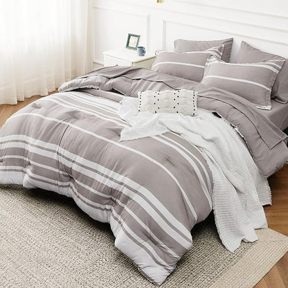 Bedsure Queen Comforter Set 7 Pieces, Taupe Striped Bedding Set for All Seasons, Reversible, Cationic Dyeing Bed in a Bag with Comforter, Sheets, Pillowcases & Shams