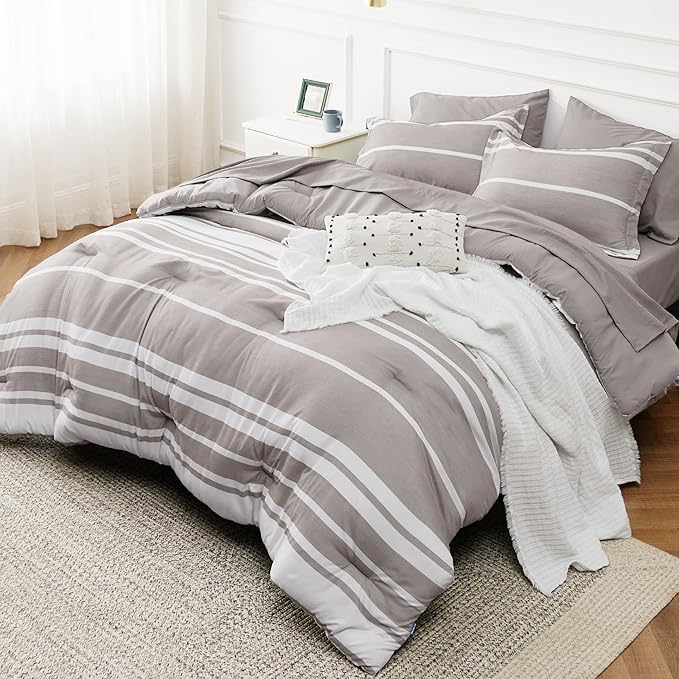 Bedsure King Comforter Set 7 Pieces, Taupe Striped Bedding Set for All Seasons, Reversible, Cationic Dyeing Bed in a Bag with Comforter, Sheets, Pillowcases & Shams