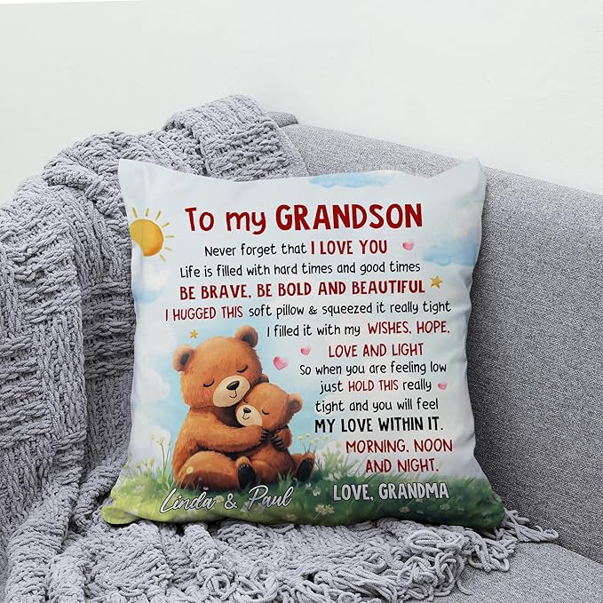 Hyturtle Personalized Grandson Pillow (Insert Included) Gifts from Grandma - Birthday Graduation for Grandson - Cute Bear Custom Name Sofa Couch Cushion Home Decor Pillow