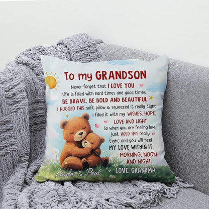 Hyturtle Personalized Grandson Pillow (Insert Included) Gifts from Grandma - Birthday Graduation for Grandson - Cute Bear Custom Name Sofa Couch Cushion Home Decor Pillow