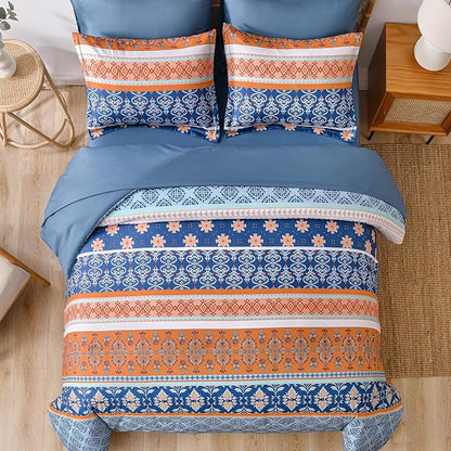 WONGS BEDDING Boho Comforter Set Queen, Blue and Orange Bedding Set 7 Pieces Bed in a Bag Bohemian Striped Bedding Comforter Sets Soft Microfiber Comfortet and Sheet Set for All Season