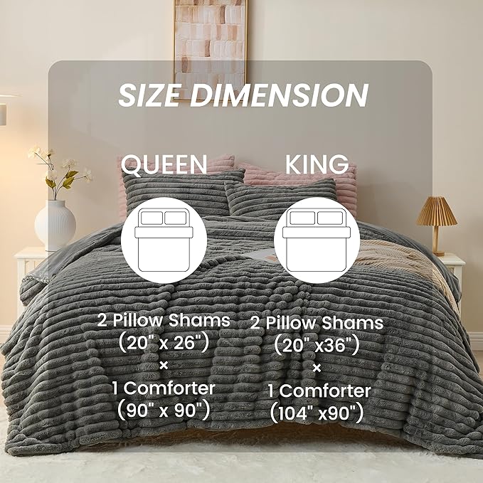 Simple&Opulence Fluffy Faux Fur Comforter Set, Plush Fuzzy Minky Bedding Set, 3 Pieces Warm Soft Comforter Bedding Set for Winter - 1 Shaggy Comforter with 2 Pillow Shams(Queen, Striped - Dark Grey)