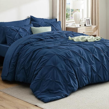 Bedsure California King Comforter Set Navy - Bed in a Bag Cal King Bedding Set 7 Pieces, GentleSoft™ Pintuck Bed Set Gift for Family, Pinch Pleat Navy Comforter with Sheets, Pillowcases & Shams