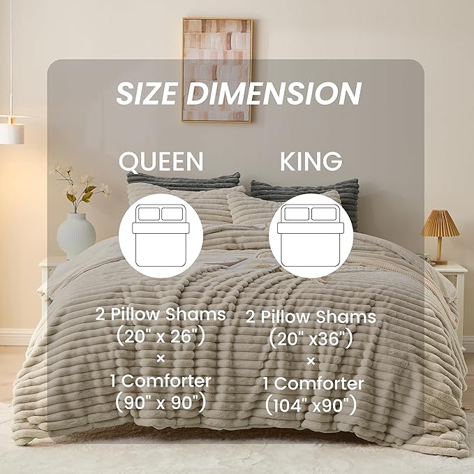 Simple&Opulence Fluffy Faux Fur Comforter Set, Plush Fuzzy Minky Bedding Set, 3 Pieces Warm Soft Comforter Bedding Set for Winter - 1 Shaggy Comforter with 2 Pillow Shams(King, Striped - Khaki)