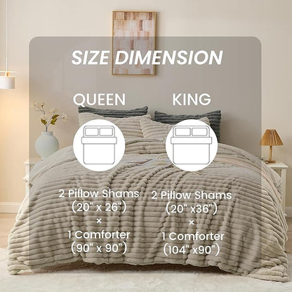 Simple&Opulence Fluffy Faux Fur Comforter Set, Plush Fuzzy Minky Bedding Set, 3 Pieces Warm Soft Comforter Bedding Set for Winter - 1 Shaggy Comforter with 2 Pillow Shams(King, Striped - Khaki)