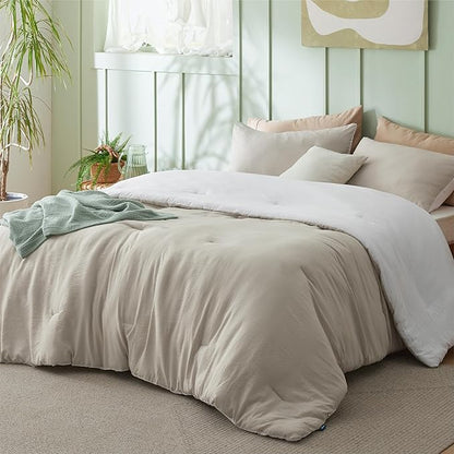 Bedsure Queen Comforter Set, Beige White Soft Prewashed Bedding for All Seasons, 3 Pieces GentleSoft™ Bed Set, 1 Lightweight Comforter (90"x90") and 2 Pillowcases (20"x26")