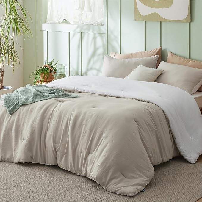Bedsure Full Comforter Set, Beige White Soft Prewashed Bedding for All Seasons, 3 Pieces GentleSoft™ Bed Set, 1 Lightweight Comforter (82"x86") and 2 Pillowcases (20"x26")