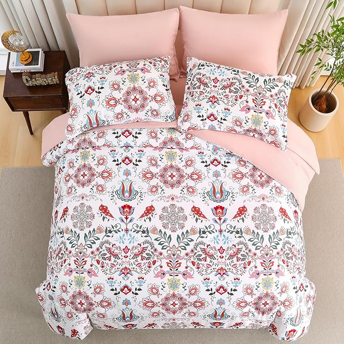 Boho Comforter Set King - 7 Pieces Bed in a Bag Floral Design, Bohemian Comforter Set with Sheets, Soft Microfiber Complete Bedding Sets All Season (Light Pink, King)