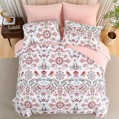 Boho Comforter Set Queen - 7 Pieces Bed in a Bag Floral Design, Bohemian Comforter Set with Sheets, Soft Microfiber Complete Bedding Sets All Season (Light Pink, Queen)