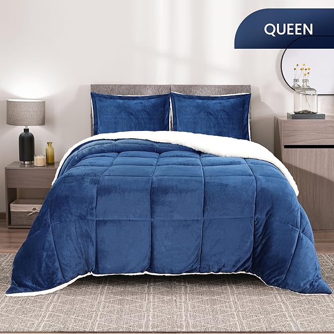 Utopia Bedding Micromink Sherpa Fleece Queen Comforter Set with 2 Pillow Shams, Plush and Warm Bedding Comforter Sets, Down Alternative Comforter, Ultra Soft and Cozy Comforter Set (Queen, Navy)