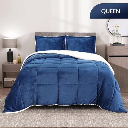 Utopia Bedding Micromink Sherpa Fleece Queen Comforter Set with 2 Pillow Shams, Plush and Warm Bedding Comforter Sets, Down Alternative Comforter, Ultra Soft and Cozy Comforter Set (Queen, Navy)