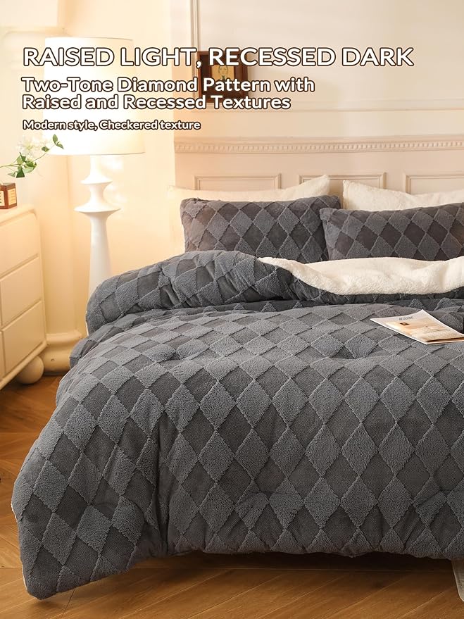 Tufted Fleece Comforter Set Queen - Super Soft Warm Fluffy Shaggy Bedding Sets, Diamond Plaid Jacquard Bed Set for Winter, 1 Sherpa Comforter with 2 Pillow Cases (90"X90" Grey)