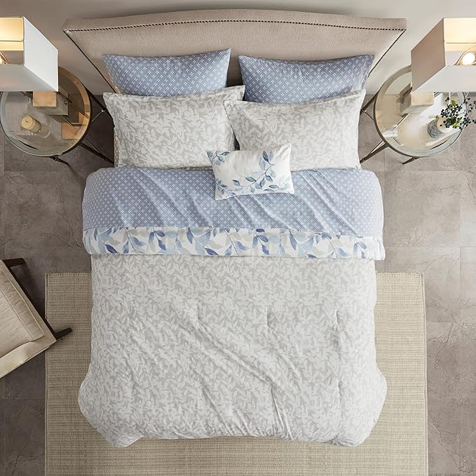 Madison Park Essentials Cozy Bed in a Bag Reversible Comforter with Complete Sheet Set - Modern Botanical Print All Season Cover, Shams, Decorative Pillow, Queen(90"x90"), Blue 8 Piece