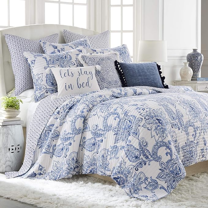 Levtex Home - Bennett Quilt Set - Full/Queen Quilt, Two Standard Pillow Shams - Floral Paisley - Blue and White - Quilt (88x92in.) and Pillow Sham Size (26x20in.) - Reversible - Cotton