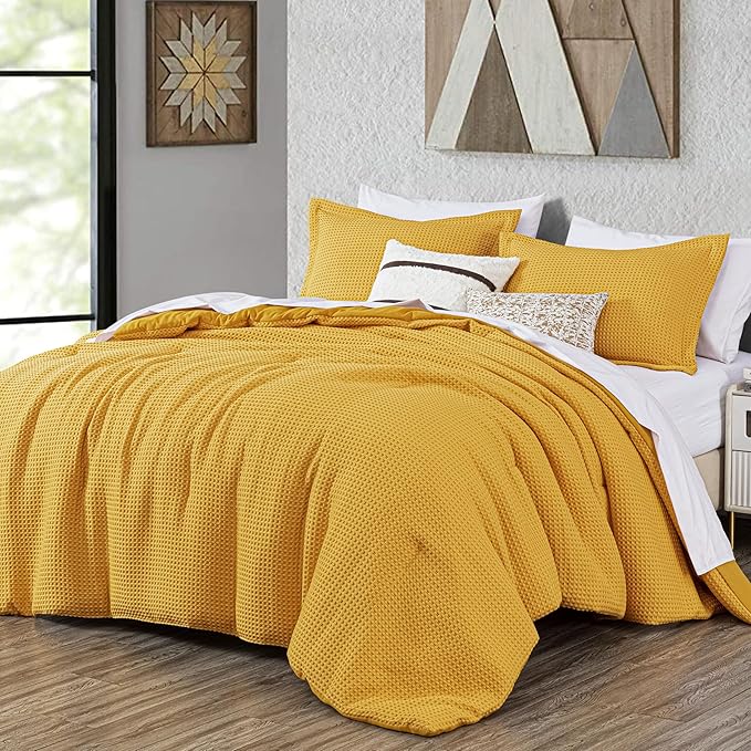 Chezmoi Collection Wilmer 3-Piece Full Comforter Set, Gold, Soft and Cozy Lightweight Waffle Weave Comforter Bedding for All Season