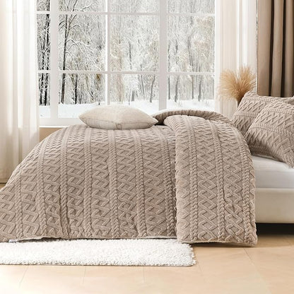 Andency Fluffy Sherpa Full Comforter Set, Super Soft Khaki Fleece Warm Bedding for Winter, Luxury Jacquard Boho Thick Fuzzy Plush Bed Set 3 Pieces(1 Shaggy Comforter, 2 Pillowcases)
