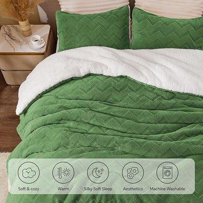 BEDELITE Fluffy Queen Comforter Set - Super Soft Sherpa Sage Green Comforter for Queen Size Bed, Luxury Warm Bedding Set for Winter, Fuzzy Bed Set 3 Pieces (1 Comforter, 2 Pillowcases)