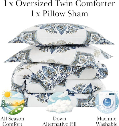 Southshore Fine Living, Inc. Oversized Twin XL Comforter Set, Down Alternative Boho Comforter, Paisley Floral Bedspread Coverlet Set, Twin/XL Bedding with Matching Pillow Sham, Blue on White